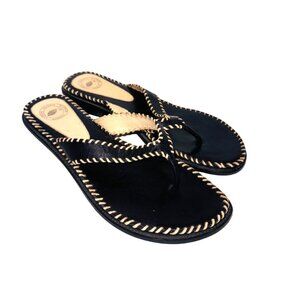 Black Leather Flip-Flop Sandals with Tan Accents